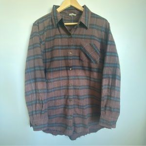 La Miel Plaid Shirt. Medium. Brown with blue, black. Oversized fit. Distressed.